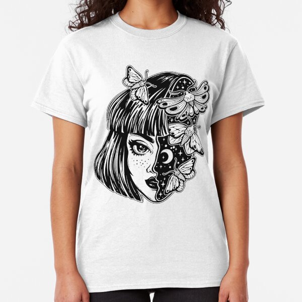 Portrait of the magic surreal witch girl with a head as night sky full of moth butterflies. Classic T-Shirt