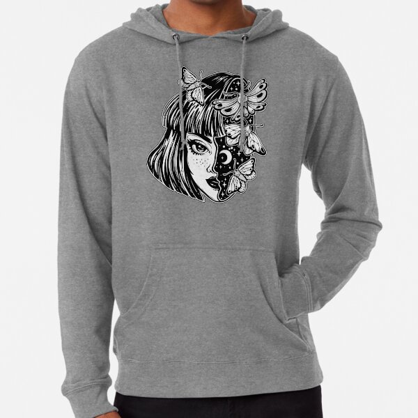 Portrait of the magic surreal witch girl with a head as night sky full of moth butterflies. Lightweight Hoodie