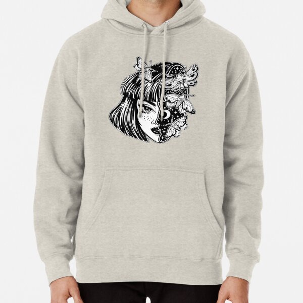 Portrait of the magic surreal witch girl with a head as night sky full of moth butterflies. Pullover Hoodie