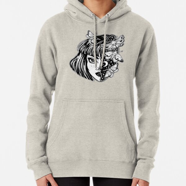 Portrait of the magic surreal witch girl with a head as night sky full of moth butterflies. Pullover Hoodie