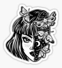 Portrait of the magic surreal witch girl with a head as night sky full of moth butterflies. Sticker