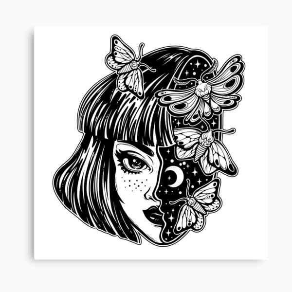 Portrait of the magic surreal witch girl with a head as night sky full of moth butterflies. Canvas Print