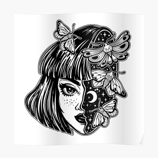 Portrait of the magic surreal witch girl with a head as night sky full of moth butterflies. Poster