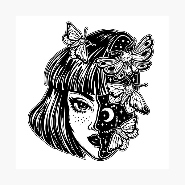 Portrait of the magic surreal witch girl with a head as night sky full of moth butterflies. Photographic Print