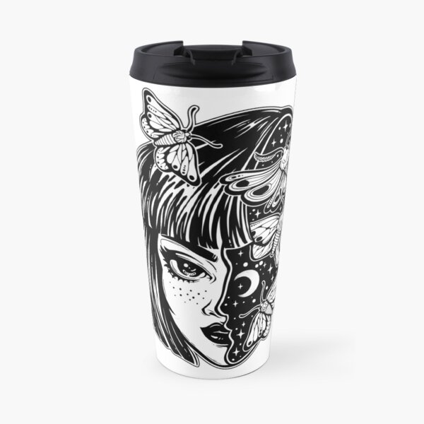 Portrait of the magic surreal witch girl with a head as night sky full of moth butterflies. Travel Mug