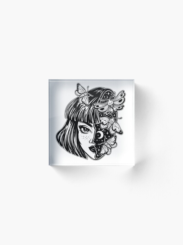 Alternate view of Portrait of the magic surreal witch girl with a head as night sky full of moth butterflies. Acrylic Block