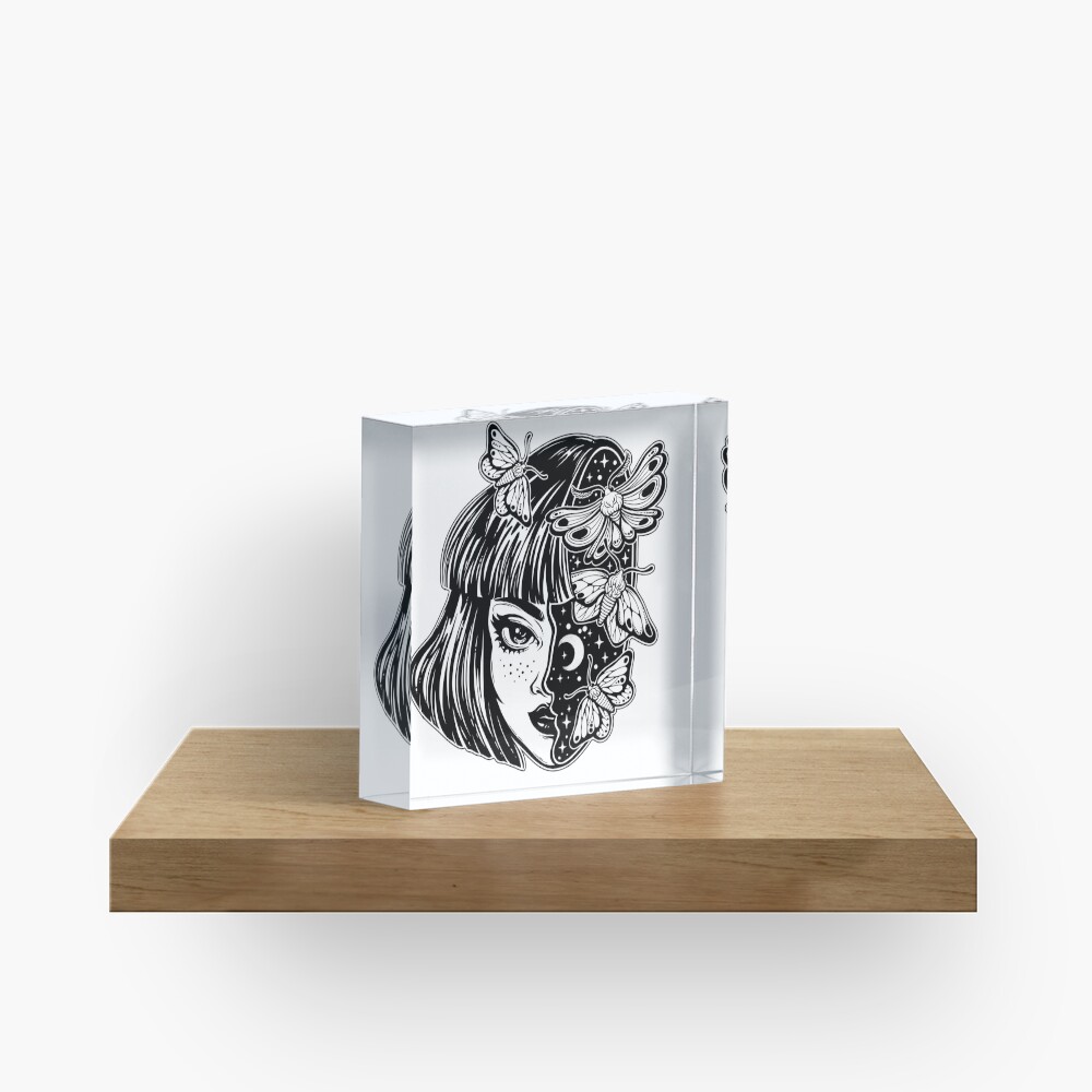 Portrait of the magic surreal witch girl with a head as night sky full of moth butterflies. Acrylic Block