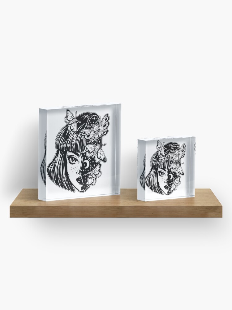 Alternate view of Portrait of the magic surreal witch girl with a head as night sky full of moth butterflies. Acrylic Block