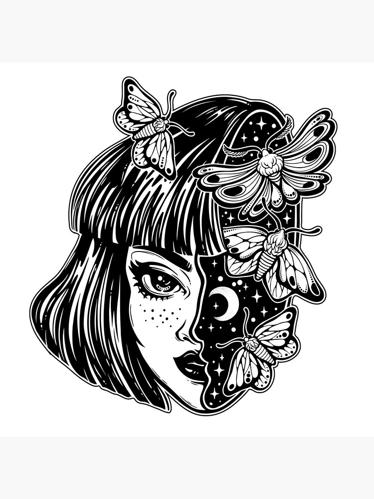 Portrait of the magic surreal witch girl with a head as night sky full of moth butterflies. by KatjaGerasimova