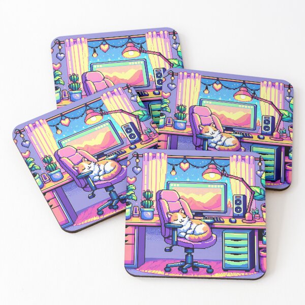 Item preview, Pixel Art Cozy Gaming Desk Poster – Pastel Cat and Heart Lights designed and sold by NSB-Design.