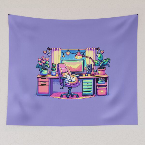 Item preview, Pixel Art Cozy Gaming Desk Poster – Pastel Cat and Heart Lights designed and sold by NSB-Design.
