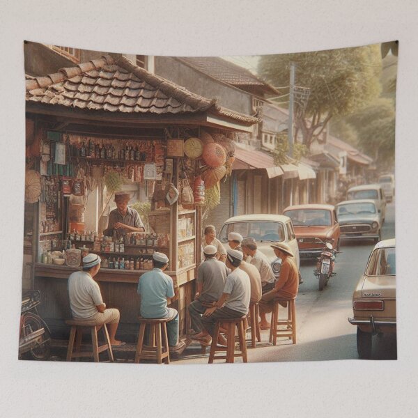 Item preview, Vibrant 1970s Denpasar – AI Artwork Colorful Roadside Café Scene for City Lovers, Travelers, and Vintage Enthusiasts designed and sold by knalpot-design.