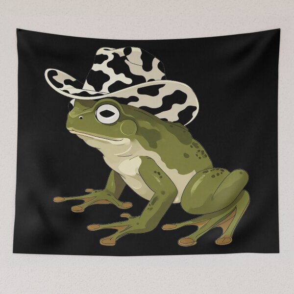 Item preview, frog in a cow print cowboy hat on black background designed and sold by Lizzilzil.