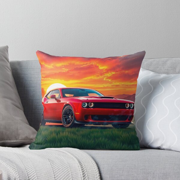 Artikel-Vorschau von roten Dodge Challenger Hellcat bei Sonnenuntergang, designt und verkauft von Limitry.