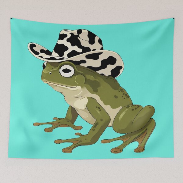 Item preview, frog in a cow print cowboy hat on a teal background designed and sold by Lizzilzil.