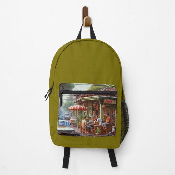 Item preview, Vibrant 1970s Bogor – AI Artwork Colorful Roadside Café Scene for City Lovers, Travelers, and Vintage Enthusiasts designed and sold by knalpot-design.
