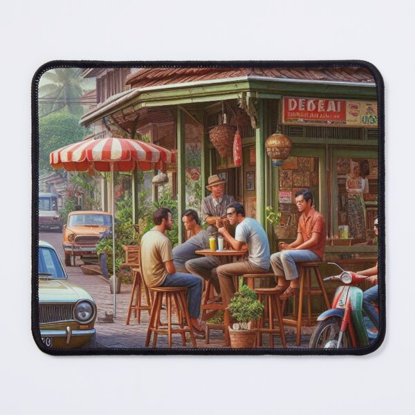 Item preview, Vibrant 1970s Bogor – AI Artwork Colorful Roadside Café Scene for City Lovers, Travelers, and Vintage Enthusiasts designed and sold by knalpot-design.