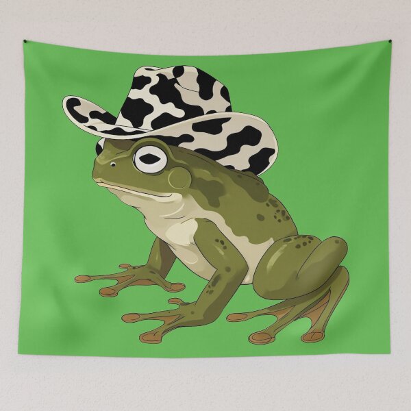 Item preview, frog in a cow print cowboy hat green background designed and sold by Lizzilzil.