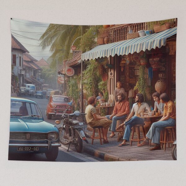 Item preview, Vibrant 1970s Denpasar – AI Artwork Colorful Roadside Café Scene for City Lovers, Travelers, and Vintage Enthusiasts designed and sold by knalpot-design.