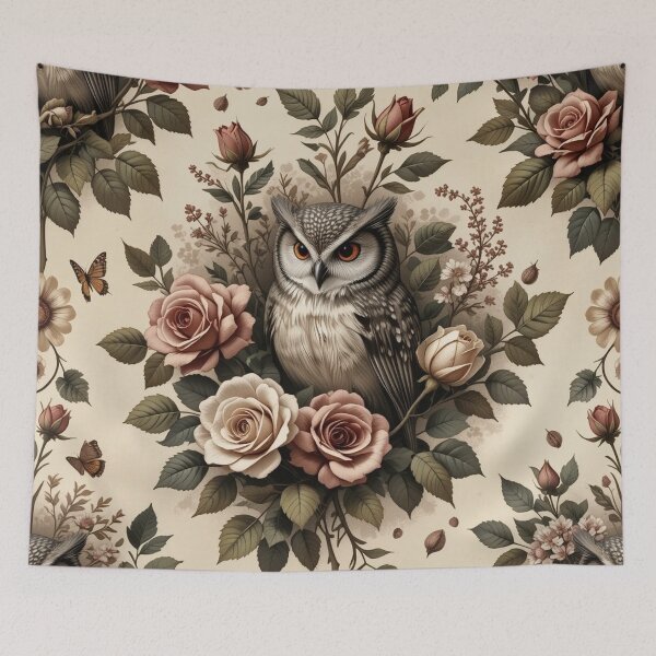 Item preview, owl with striking orange eyes is surrounded by a lush arrangement of roses and leaves designed and sold by InezPhotography.