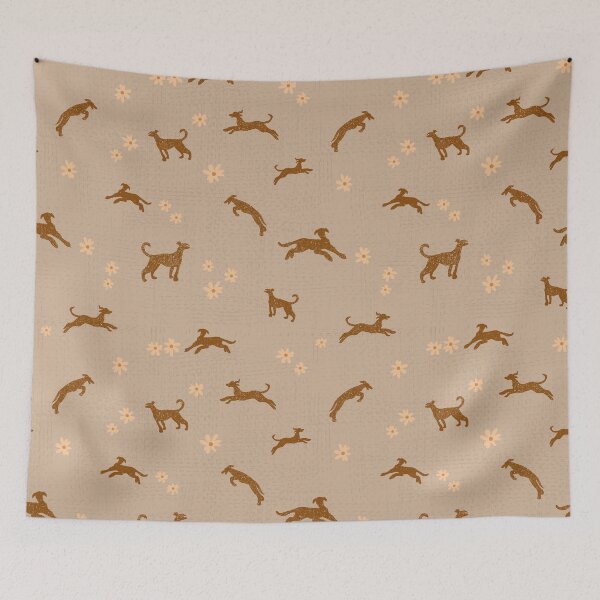 Item preview, Brown doodle dogs with daisies allover pattern on tan designed and sold by RRuffieuxStudio.