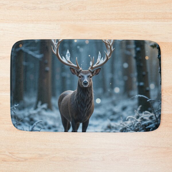 Item preview, majestic deer with crystal-like antlers stands in a serene winter forest, designed and sold by InezPhotography.