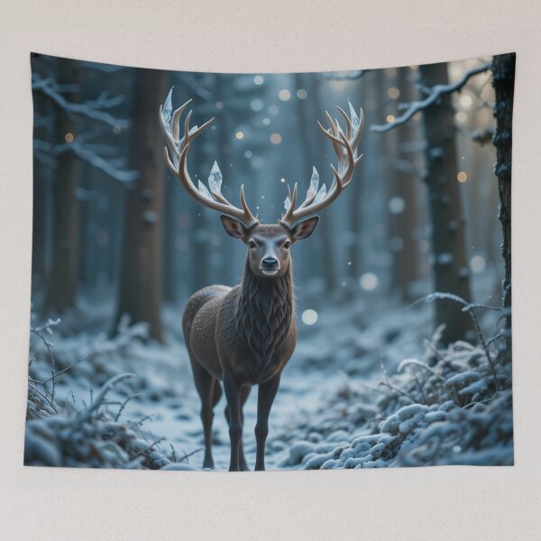 Item preview, majestic deer with crystal-like antlers stands in a serene winter forest, designed and sold by InezPhotography.