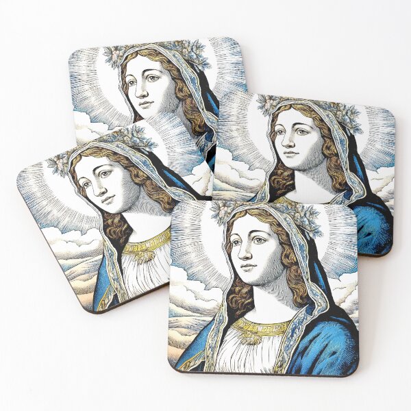 Item preview, Vintage Woodcut Print of Our Holy Mother Mary in Blue designed and sold by PhaedraArt.