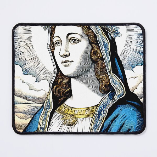 Item preview, Vintage Woodcut Print of Our Holy Mother Mary in Blue designed and sold by PhaedraArt.