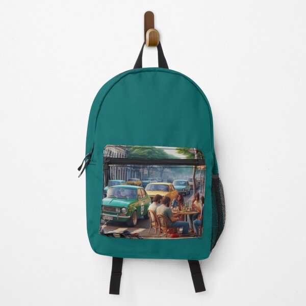 Item preview, Vibrant 1970s Campinas – AI Artwork Colorful Streetside Café Scene for City Lovers, Travelers, and Vintage Enthusiasts designed and sold by knalpot-design.