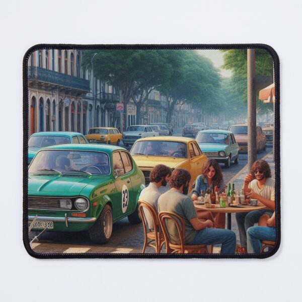 Item preview, Vibrant 1970s Campinas – AI Artwork Colorful Streetside Café Scene for City Lovers, Travelers, and Vintage Enthusiasts designed and sold by knalpot-design.