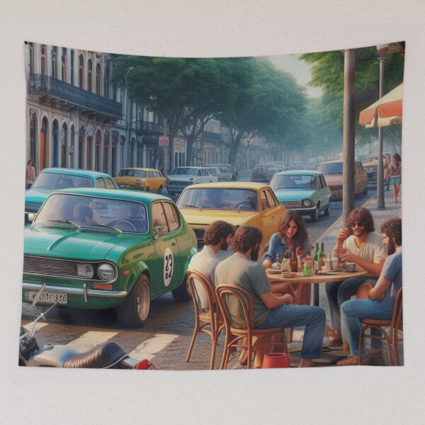 Item preview, Vibrant 1970s Campinas – AI Artwork Colorful Streetside Café Scene for City Lovers, Travelers, and Vintage Enthusiasts designed and sold by knalpot-design.