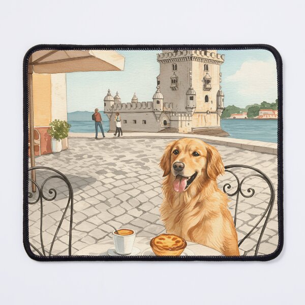 Item preview, Golden Retriever in Lisbon – Pastel de Nata Café Watercolor Print designed and sold by Simple_Lines2025.