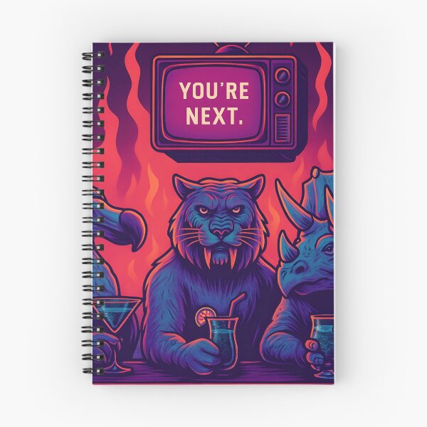 Aperçu de l'œuvre Extinction Club – Scène de bar animalière rétro au néon avec dodo, tigre à dents de sabre et tricératops créée et vendue par BRAINROTWEAR.