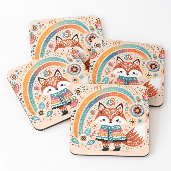 Artikelvorschau, Skandinavischer Volkskunstfuchs – Unter Regenbogen mit Blumen- und Himmelsmotiven von heidiannemorris © entworfen und verkauft von FOLK ART FUSION by heidiannemorris.