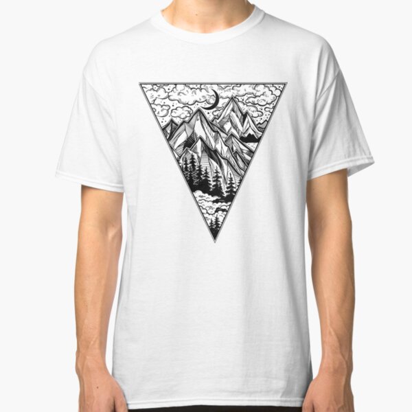 Triangle frame artwork with wilderness landscape scene with a lake, road, pine forest and mountains Classic T-Shirt