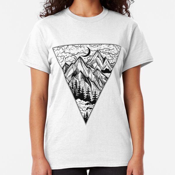 Triangle frame artwork with wilderness landscape scene with a lake, road, pine forest and mountains Classic T-Shirt