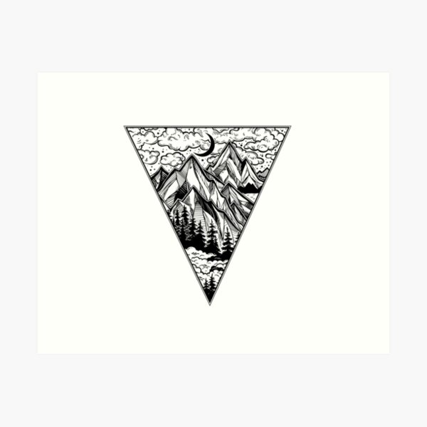 Triangle frame artwork with wilderness landscape scene with a lake, road, pine forest and mountains Art Print