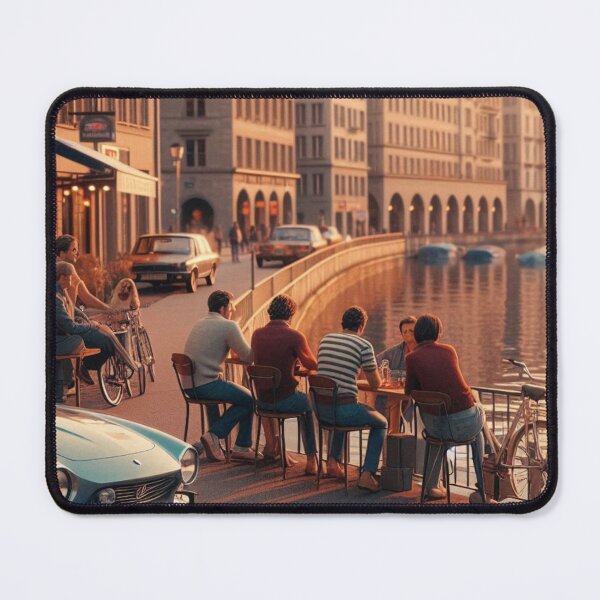 Item preview, Retro 1970s Zurich – AI Artwork Colorful Roadside Café Scene for City Lovers, Travelers, and Vintage Enthusiasts designed and sold by knalpot-design.