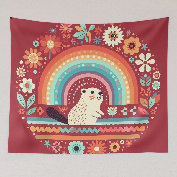 Item preview, Scandinavian Folk Art Beaver – Cosy Forest Animal with Bright Florals by heidiannemorris designed and sold by FOLK ART FUSION by heidiannemorris.