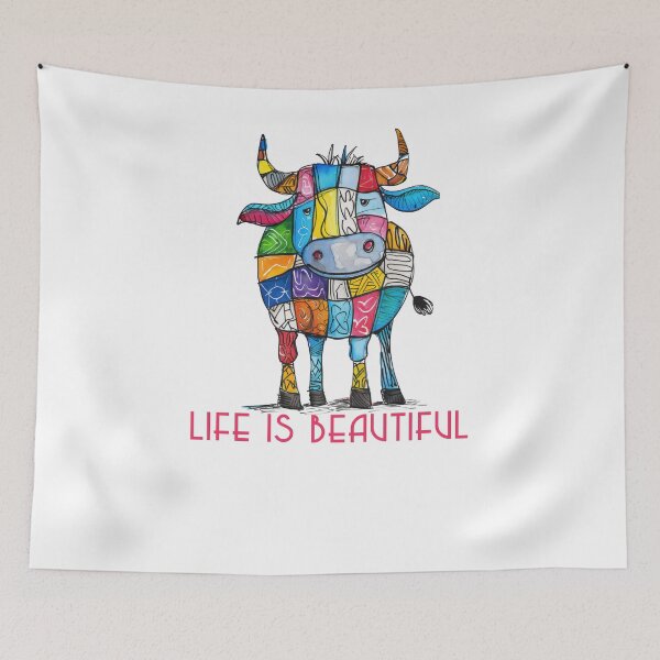 Item preview, Colorful Animal Design – Life is Beautiful – Happy Cow Motif designed and sold by KolbaVison.