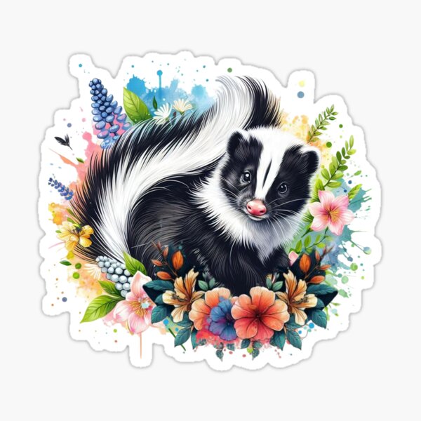 Aperçu de l'œuvre Titre : Une moufette noire et blanche entourée de diverses feuilles et fleurs colorées créée et vendue par Marcoshop10.
