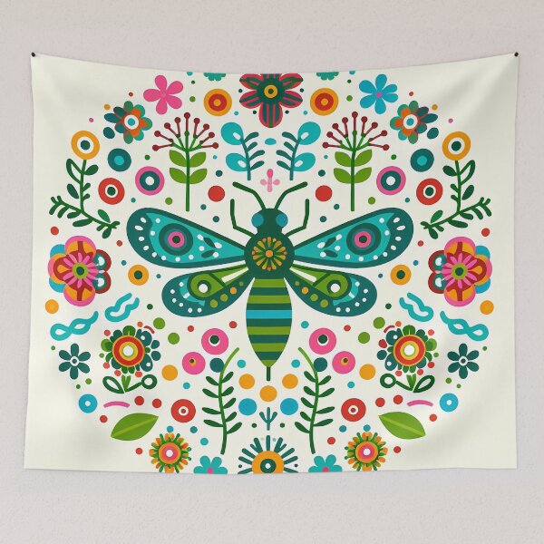 Aperçu de l'œuvre Art populaire scandinave Green Hornet – Buzz symétrique et couleurs folkloriques audacieuses par heidiannemorris créée et vendue par FOLK ART FUSION by heidiannemorris.