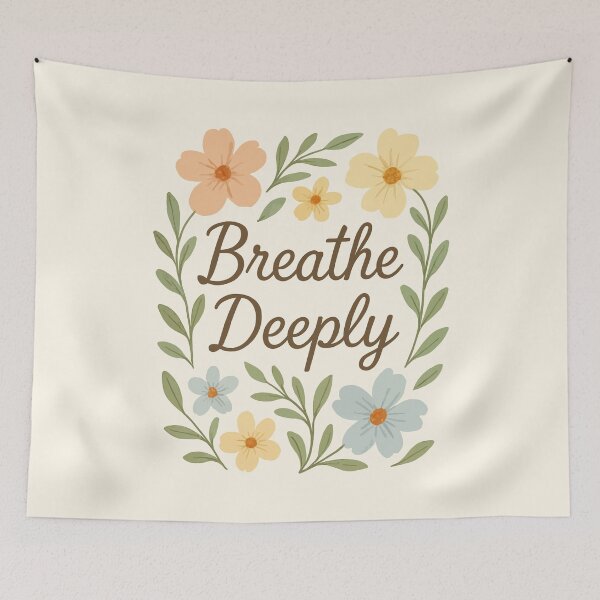 Aperçu de l'œuvre Respirez profondément – Citation apaisante – Motif floral pastel dessiné à la main créée et vendue par gitarus.