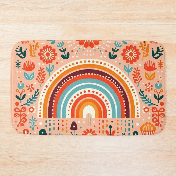 Item preview, Scandinavian Folk Art Orange Feathers Flowers and Rainbow – Bohemian Warmth and Symbolism by heidiannemorris designed and sold by FOLK ART FUSION by heidiannemorris.