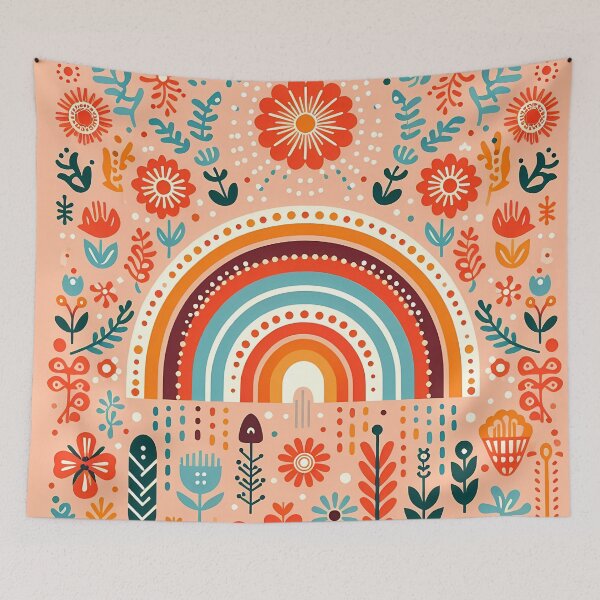 Item preview, Scandinavian Folk Art Orange Feathers Flowers and Rainbow – Bohemian Warmth and Symbolism by heidiannemorris designed and sold by FOLK ART FUSION by heidiannemorris.