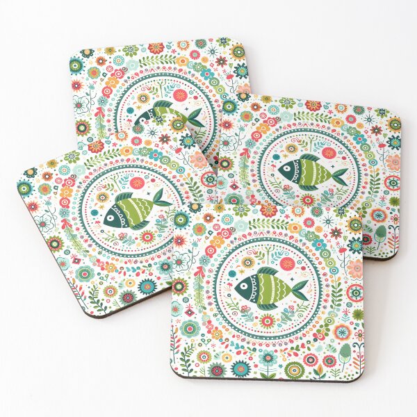 Item preview, Scandinavian Folk Art Green Fish in a flower circle –  by heidiannemorris © designed and sold by FOLK ART FUSION.