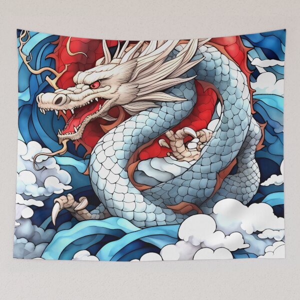 Item preview, Stained Glass Chinese Dragon Red and White Clouds designed and sold by Pixelchicken.