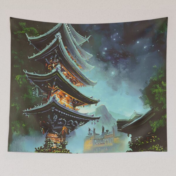 Item preview, Japanese temples in night with stars in mist designed and sold by MerryCrown.