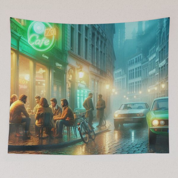 Item preview, Retro 1970s Antwerp – AI Artwork Colorful Streetside Café Scene for City Lovers, Travelers, and Vintage Enthusiasts designed and sold by knalpot-design.